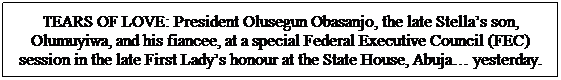 Text Box: TEARS OF LOVE: President Olusegun Obasanjo, the late Stella�s son, Olumuyiwa, and his fiancee, at a special Federal Executive Council (FEC) session in the late First Lady�s honour at the State House, Abuja� yesterday. 
